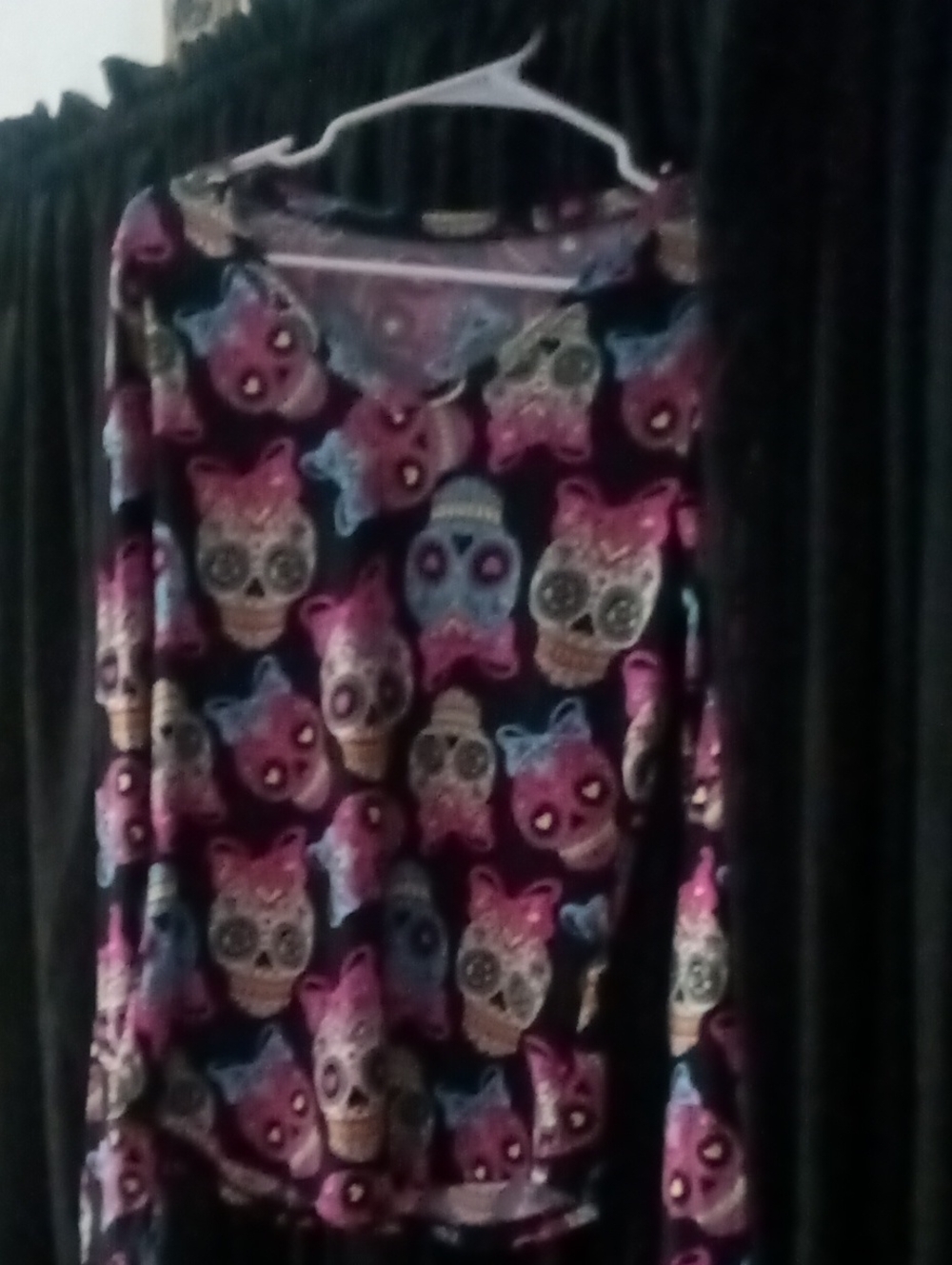 Long Sleeve Top with Colorful Sugar Skull Print - Black/Pink